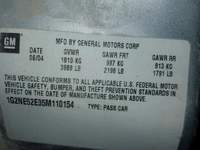 1G2NE52E35M110154 - 2005 PONTIAC GRAND AM S 银色 照片 10