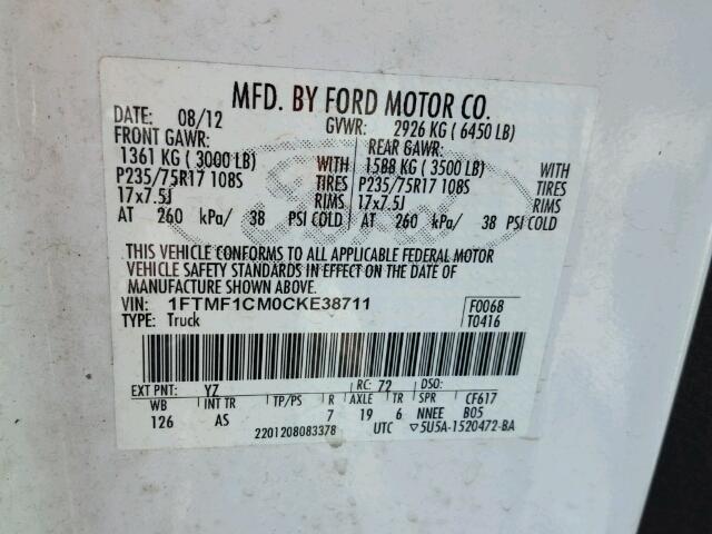 1FTMF1CM0CKE38711 - 2012 FORD F150 WHITE photo 10