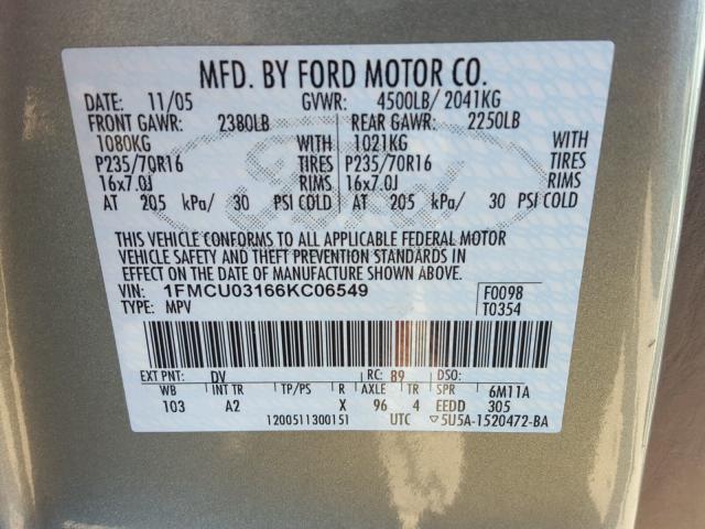 1FMCU03166KC06549 - 2006 FORD ESCAPE XLT GREEN photo 10