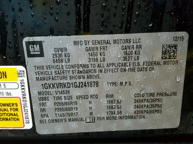 1GKKVRKD1GJ241878 - 2016 GMC ACADIA SLT გრაფიტი ფოტო 10