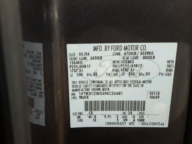 1FTRX12W54NC24481 - 2004 FORD F150 GRAY photo 10