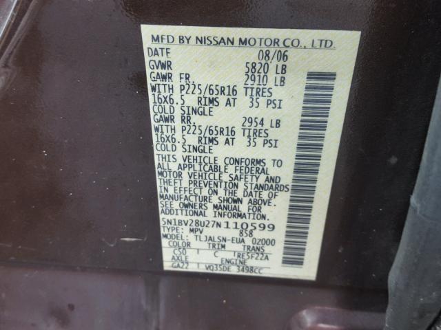 5N1BV28U27N110599 - 2007 NISSAN QUEST S BROWN photo 10