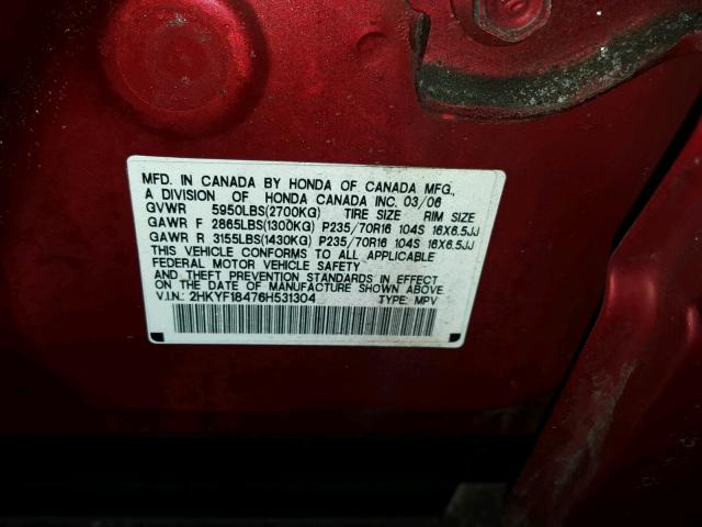 2HKYF18476H531304 - 2006 HONDA PILOT EX RED photo 10