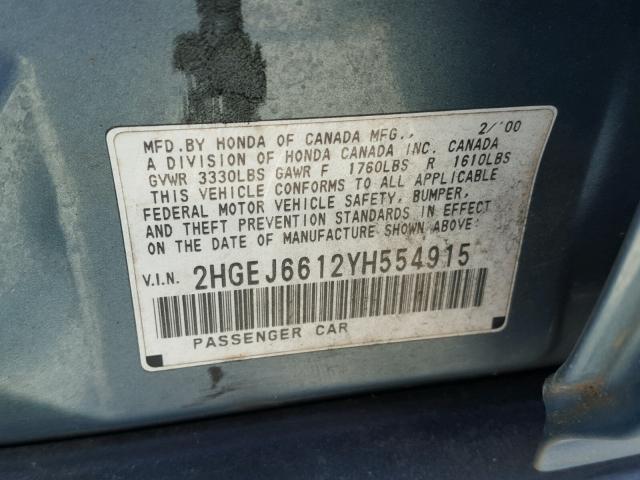 2HGEJ6612YH554915 - 2000 HONDA CIVIC BASE BLUE photo 10