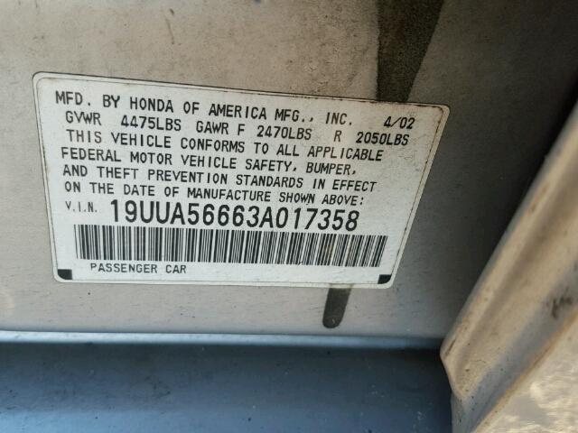 19UUA56663A017358 - 2003 ACURA 3.2TL SILVER photo 10