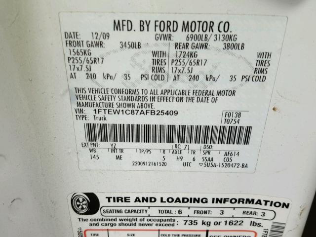 1FTEW1C87AFB25409 - 2010 FORD F150 SUPER WHITE photo 10