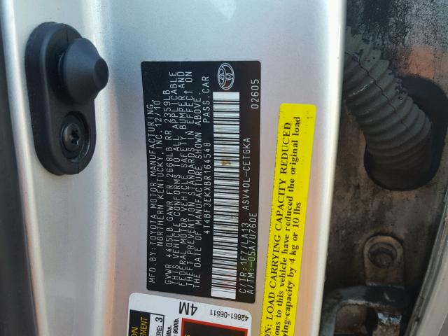 4T4BF3EKXBR164548 - 2011 TOYOTA CAMRY BASE GRAY photo 10