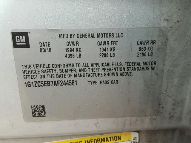 1G1ZC5EB7AF244581 - 2010 CHEVROLET MALIBU 1LT 银色 照片 10