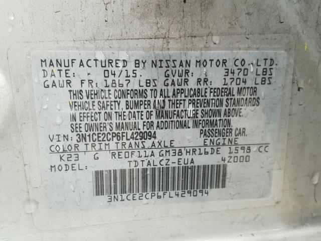 3N1CE2CP6FL429094 - 2015 NISSAN VERSA NOTE SILVER photo 10