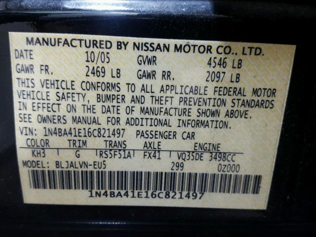 1N4BA41E16C821497 - 2006 NISSAN MAXIMA SE BLACK photo 10