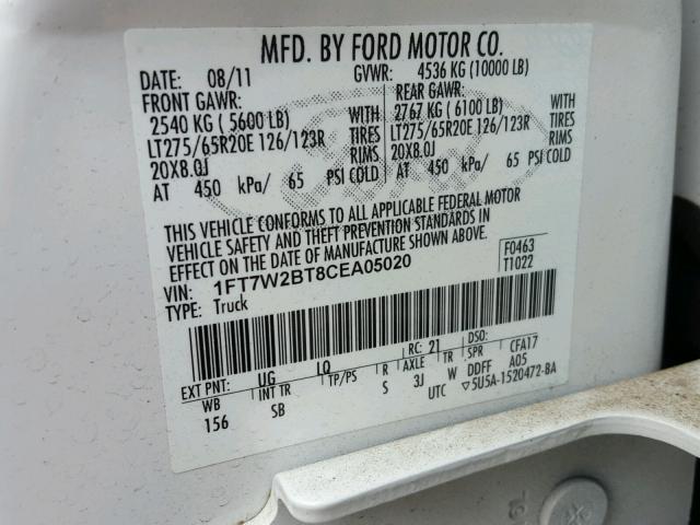 1FT7W2BT8CEA05020 - 2012 FORD F250 SUPER WHITE photo 10