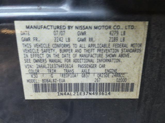 1N4AL21E37N493614 - 2007 NISSAN ALTIMA 2.5 CHARCOAL photo 10