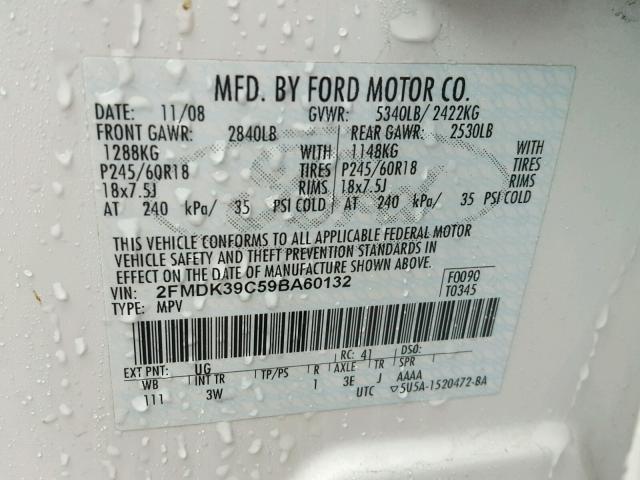 2FMDK39C59BA60132 - 2009 FORD EDGE LIMIT WHITE photo 10