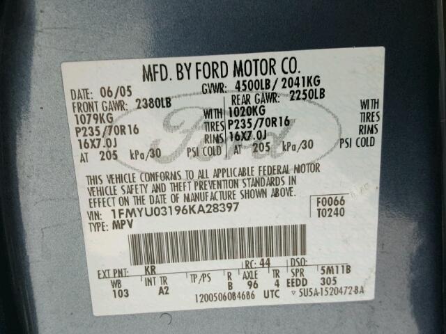 1FMYU03196KA28397 - 2006 FORD ESCAPE XLT BLUE photo 10