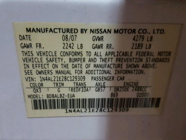 1N4AL21E28C129309 - 2008 NISSAN ALTIMA 2.5 WHITE photo 10