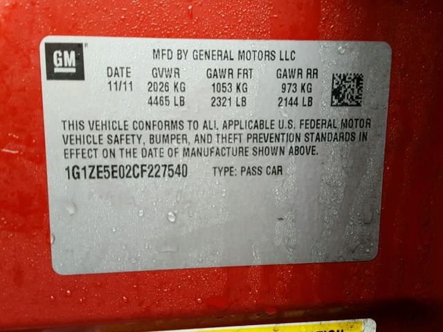1G1ZE5E02CF227540 - 2012 CHEVROLET MALIBU LTZ 红色 照片 10