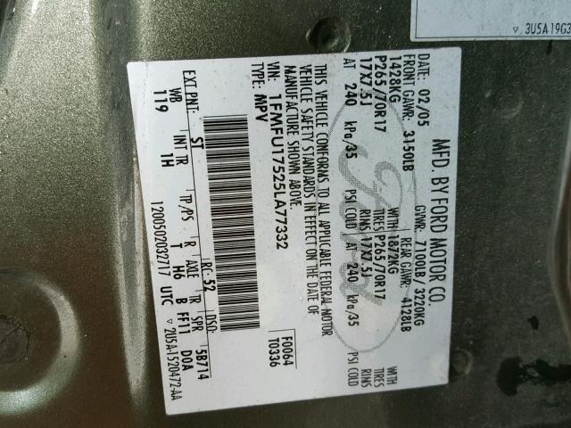 1FMFU17525LA77332 - 2005 FORD EXPEDITION GREEN photo 10