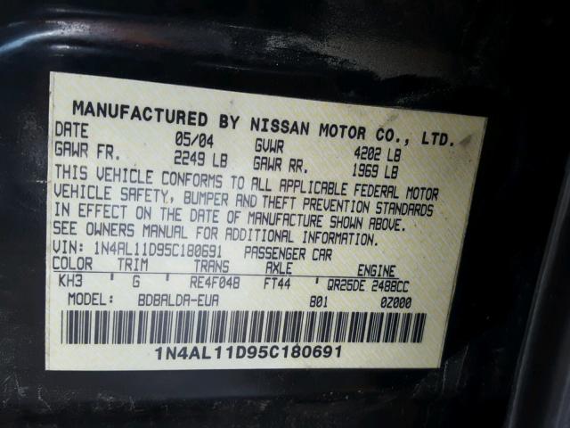 1N4AL11D95C180691 - 2005 NISSAN ALTIMA S BLACK photo 10