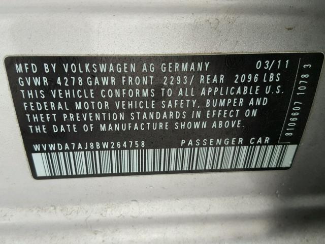 WVWDA7AJ8BW264758 - 2011 VOLKSWAGEN GOLF 银色 照片 10