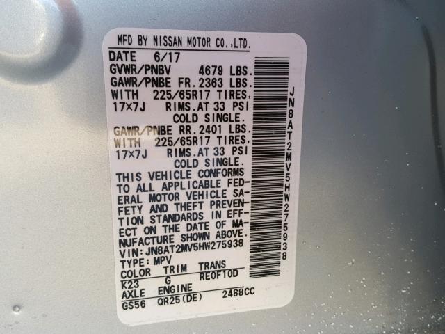 JN8AT2MV5HW275938 - 2017 NISSAN ROGUE S SILVER photo 10