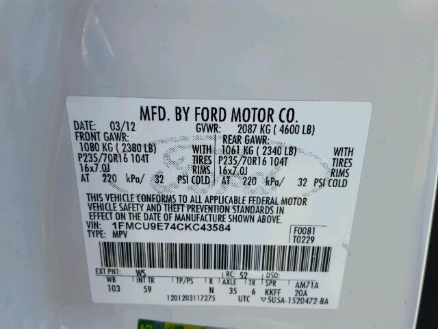 1FMCU9E74CKC43584 - 2012 FORD ESCAPE LIM WHITE photo 10