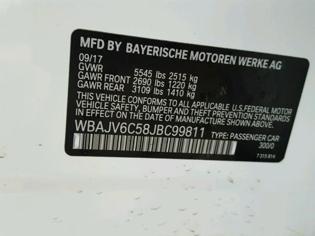 WBAJV6C58JBC99811 - 2018 BMW 640 XIGT WHITE photo 10