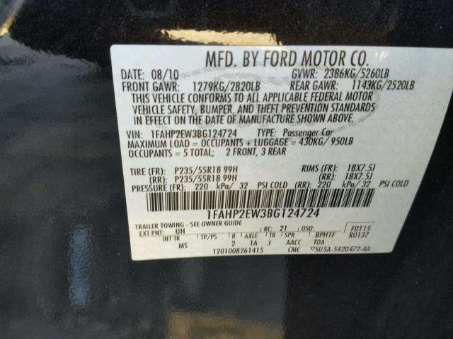 1FAHP2EW3BG124724 - 2011 FORD TAURUS SEL BLACK photo 10