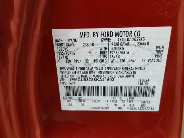 1FMCU93Z88KA21593 - 2008 FORD ESCAPE XLT MAROON photo 10