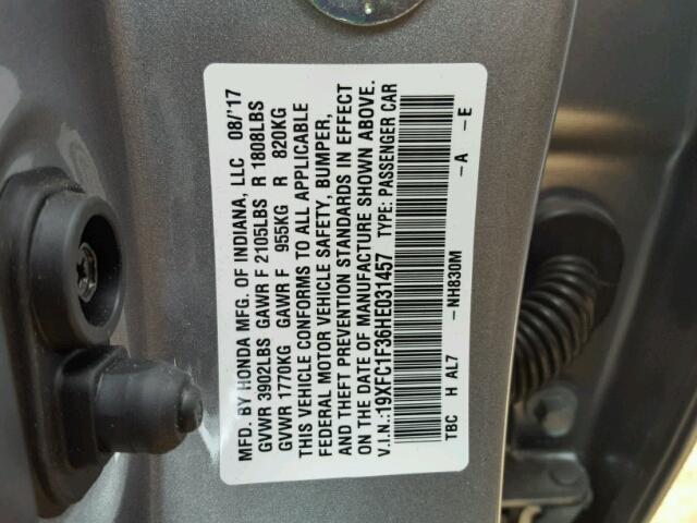 19XFC1F36HE031457 - 2017 HONDA CIVIC EX SILVER photo 10