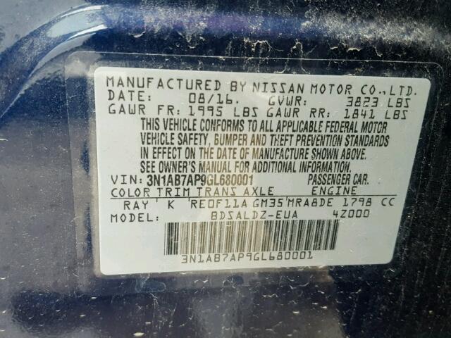 3N1AB7AP9GL680001 - 2016 NISSAN SENTRA S BLUE photo 10