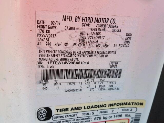 1FTPW14V29FA61014 - 2009 FORD F150 SUPER WHITE photo 10