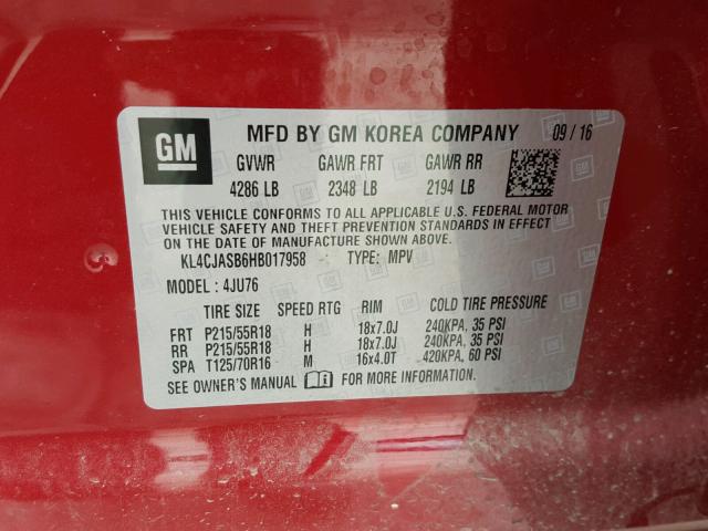 KL4CJASB6HB017958 - 2017 BUICK ENCORE PRE RED photo 10