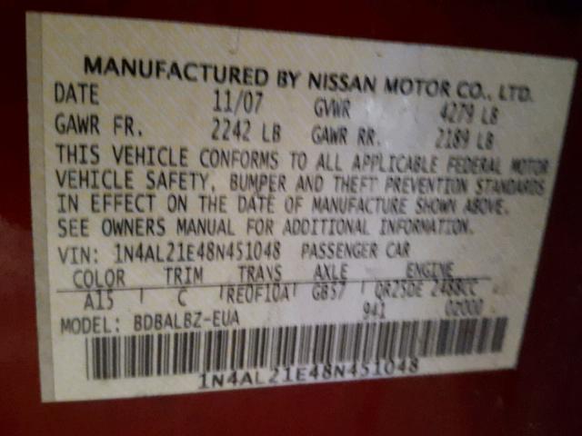 1N4AL21E48N451048 - 2008 NISSAN ALTIMA 2.5 RED photo 10