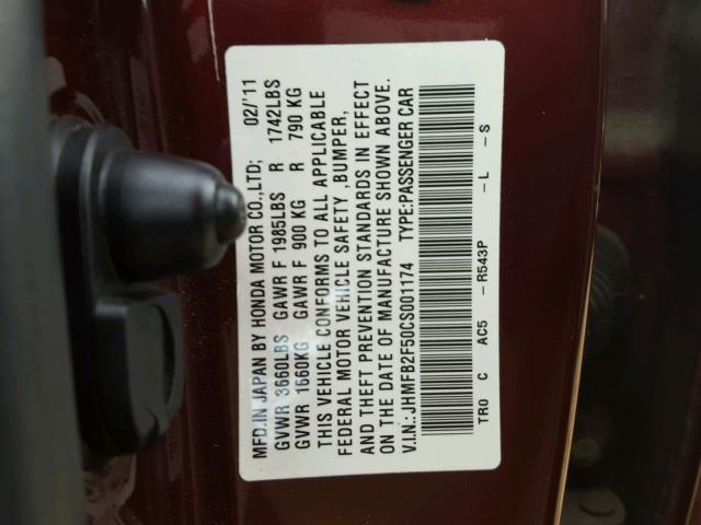 JHMFB2F50CS001174 - 2012 HONDA CIVIC LX MAROON photo 10