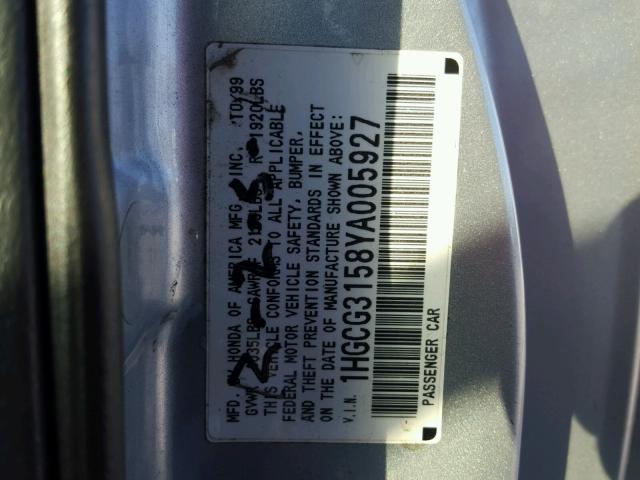 1HGCG3158YA005927 - 2000 HONDA ACCORD EX SILVER photo 10