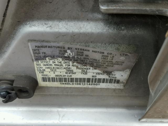 1N4DL01D61C142501 - 2001 NISSAN ALTIMA XE SILVER photo 10