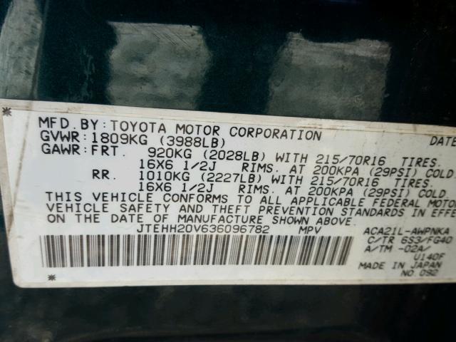 JTEHH20V636096782 - 2003 TOYOTA RAV4 GREEN photo 10