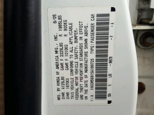 1HGCM56815A189725 - 2005 HONDA ACCORD EX WHITE photo 10