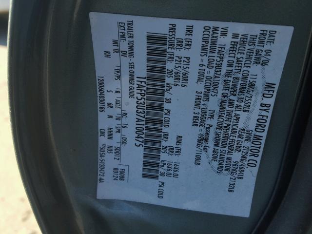 1FAFP53U37A100475 - 2007 FORD TAURUS SE GREEN photo 10