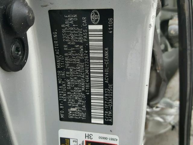 4T1BE46K28U232674 - 2008 TOYOTA CAMRY CE SILVER photo 10