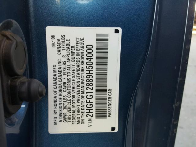 2HGFG12889H504000 - 2009 HONDA CIVIC EX Mavi foto 10