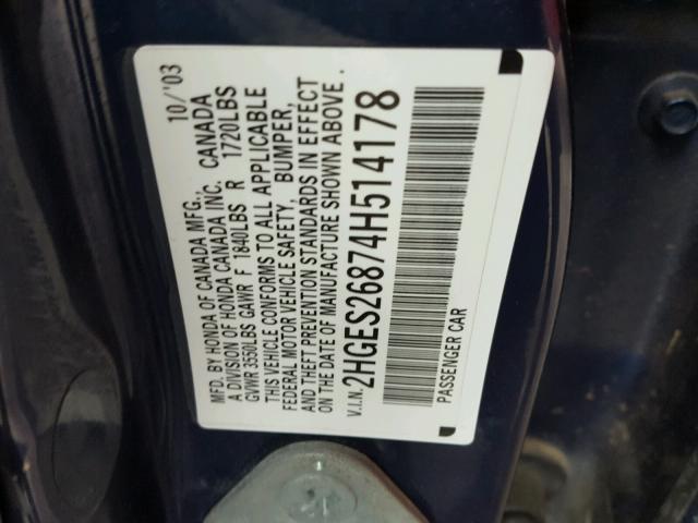 2HGES26874H514178 - 2004 HONDA CIVIC EX BLUE photo 10