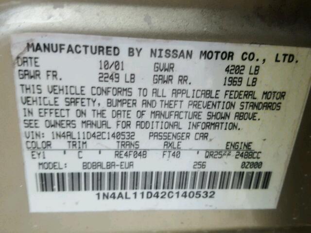 1N4AL11D42C140532 - 2002 NISSAN ALTIMA BAS GOLD photo 10