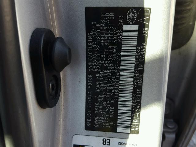 2T1BU4EE1AC511216 - 2010 TOYOTA COROLLA BA SILVER photo 10