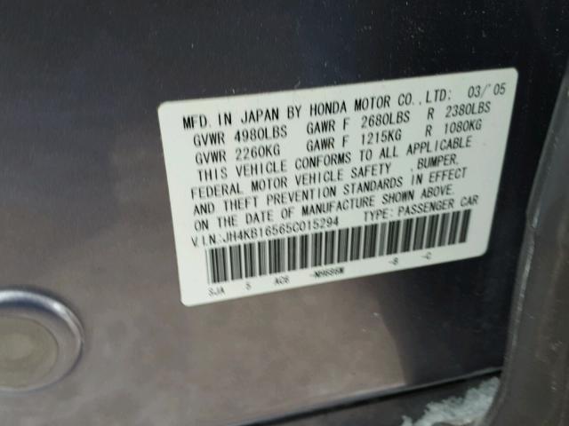 JH4KB16565C015294 - 2005 ACURA RL ნაცრისფერი ფოტო 10