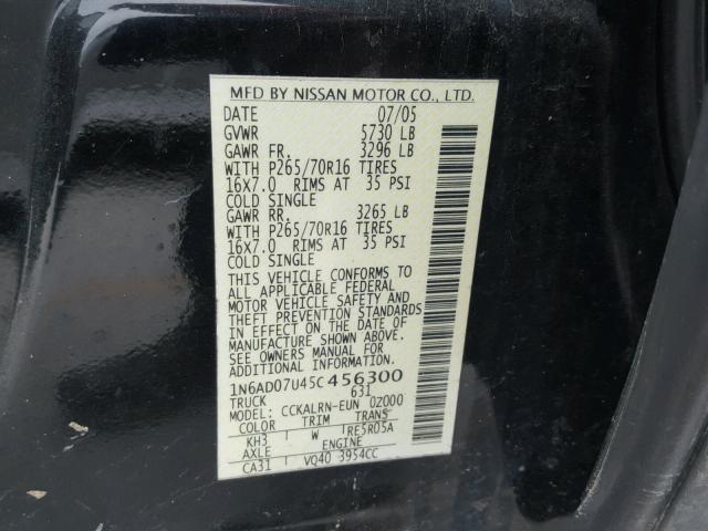 1N6AD07U45C456300 - 2005 NISSAN FRONTIER C BLACK photo 10