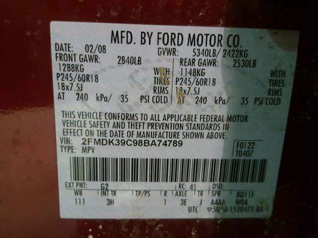 2FMDK39C98BA74789 - 2008 FORD EDGE LIMIT BURGUNDY photo 10