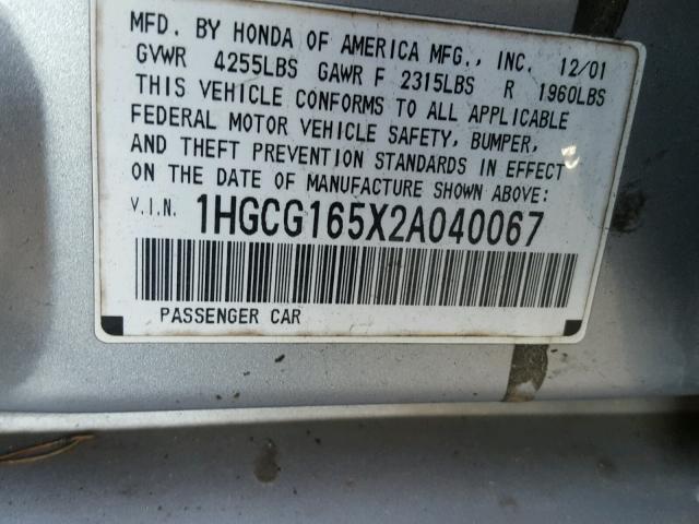 1HGCG165X2A040067 - 2002 HONDA ACCORD EX SILVER photo 10