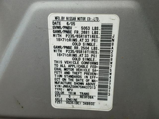 JN8AZ08W75W437313 - 2005 NISSAN MURANO SL SILVER photo 10