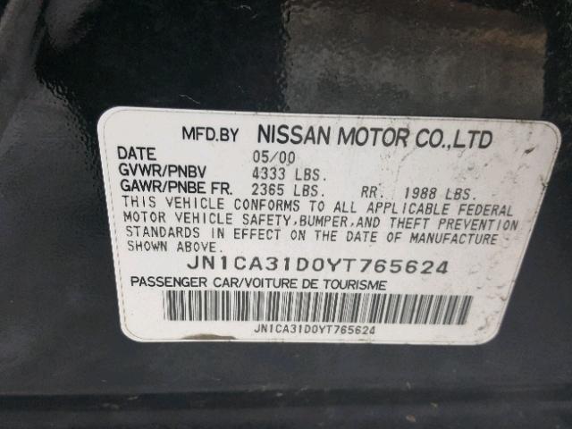 JN1CA31D0YT765624 - 2000 NISSAN MAXIMA GLE BLACK photo 10